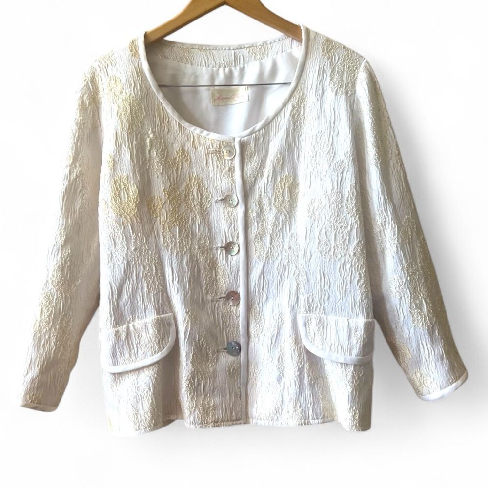 Milagros de Castillos Modas Blazer Sz Large White/Cream Embroidered Lined Vtg